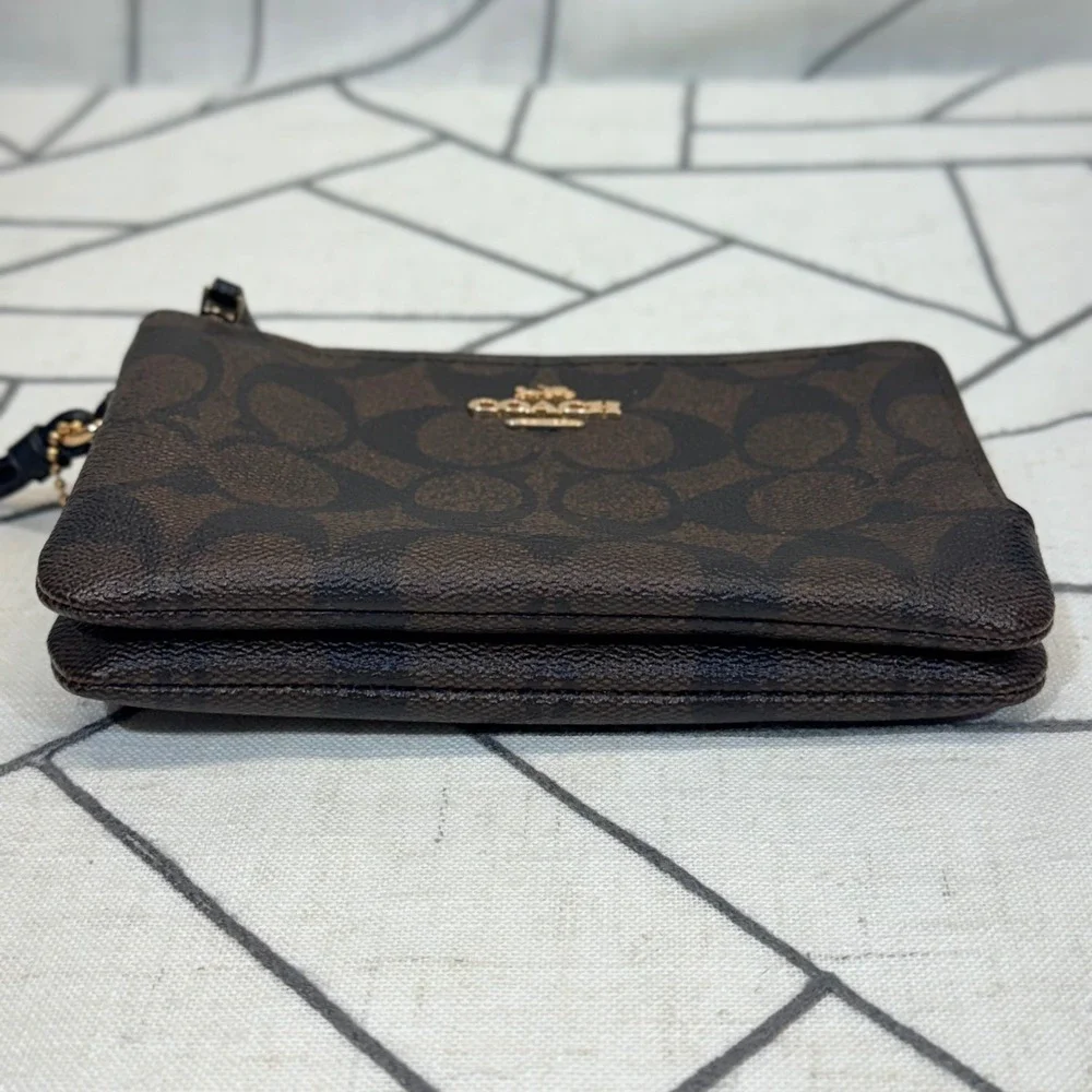 Coach Double Zip Wristlet Small Brown Signature Canvas Monogram Clutch